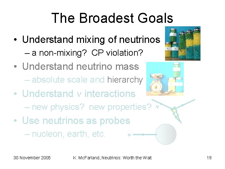 The Broadest Goals • Understand mixing of neutrinos – a non-mixing? CP violation? •