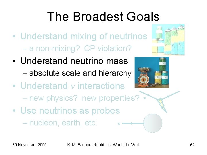 The Broadest Goals • Understand mixing of neutrinos – a non-mixing? CP violation? •