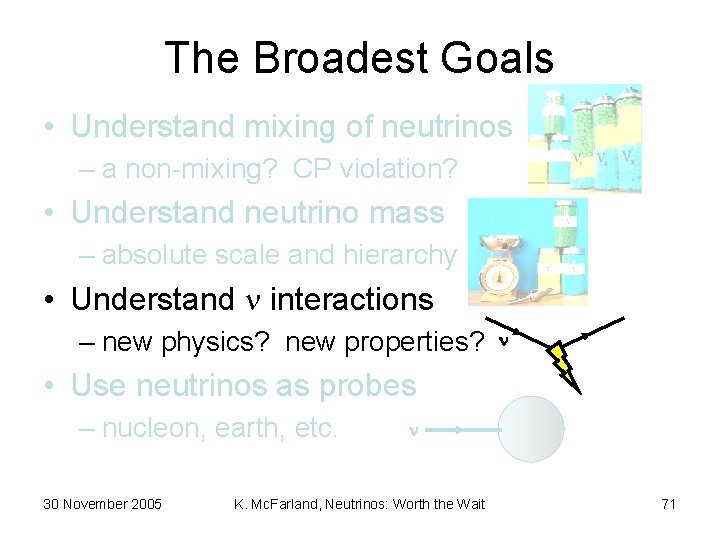 The Broadest Goals • Understand mixing of neutrinos – a non-mixing? CP violation? •