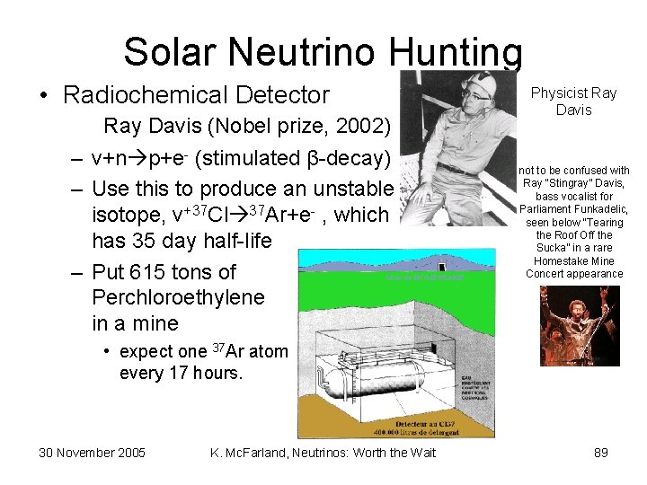 Solar Neutrino Hunting • Radiochemical Detector Ray Davis (Nobel prize, 2002) – ν+n p+e-