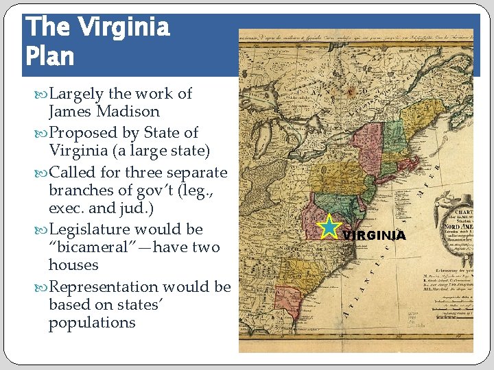 The Virginia Plan Largely the work of James Madison Proposed by State of Virginia