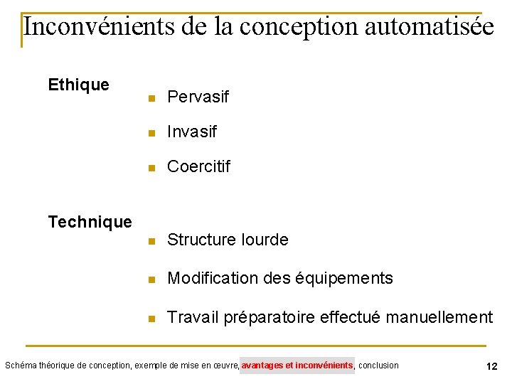 Inconvénients de la conception automatisée Ethique n Pervasif n Invasif n Coercitif n Structure