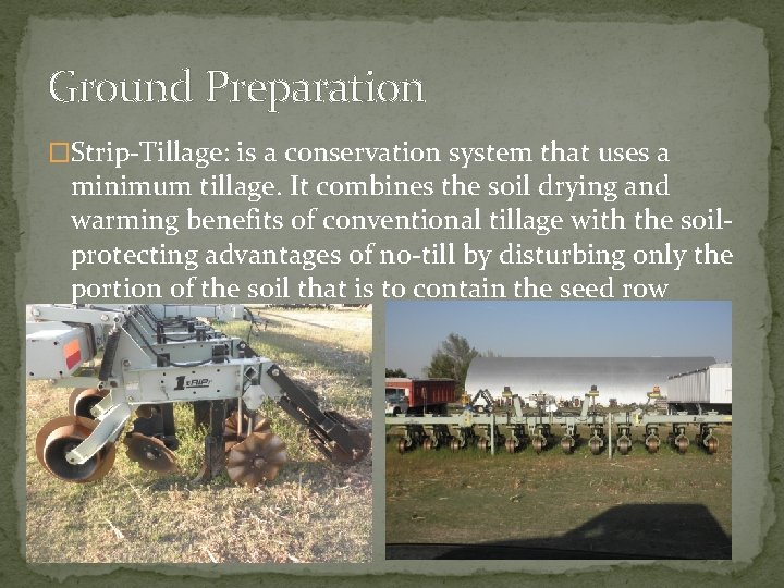 Ground Preparation �Strip-Tillage: is a conservation system that uses a minimum tillage. It combines