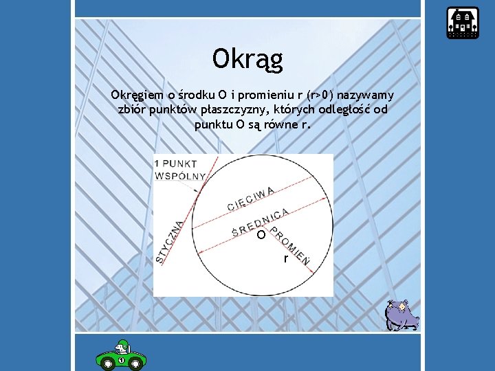 Okrąg Okręgiem o środku O i promieniu r (r>0) nazywamy zbiór punktów płaszczyzny, których