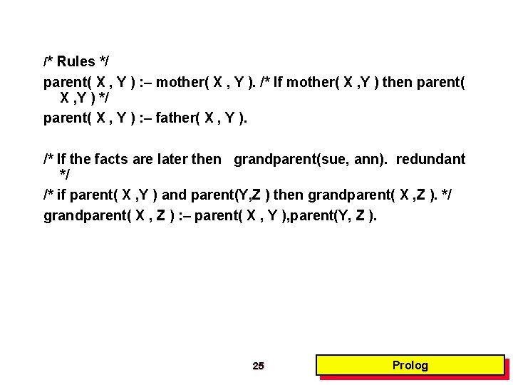 /* Rules */ parent( X , Y ) : – mother( X , Y