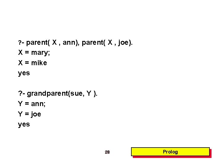 ? - parent( X , ann), parent( X , joe). X = mary; X