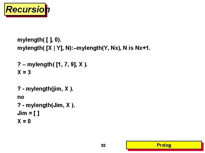 Recursion mylength( [ ], 0). mylength( [X | Y], N): –mylength(Y, Nx), N is