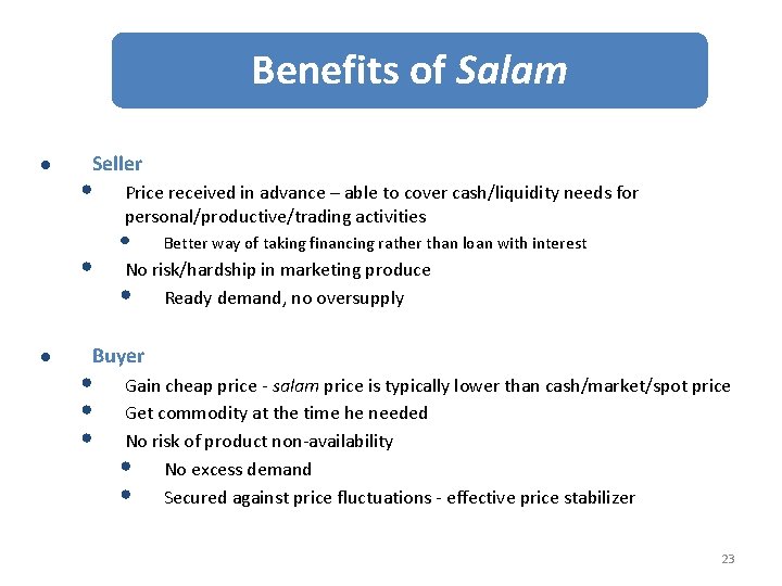 Benefits of Salam l Seller • • l Price received in advance – able