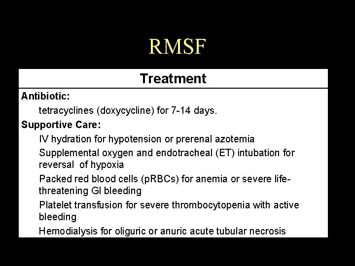 RMSF Treatment Antibiotic: tetracyclines (doxycycline) for 7 -14 days. Supportive Care: IV hydration for