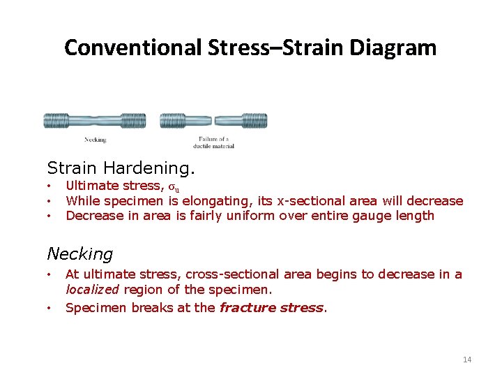 Conventional Stress–Strain Diagram Strain Hardening. • • • Ultimate stress, σu While specimen is
