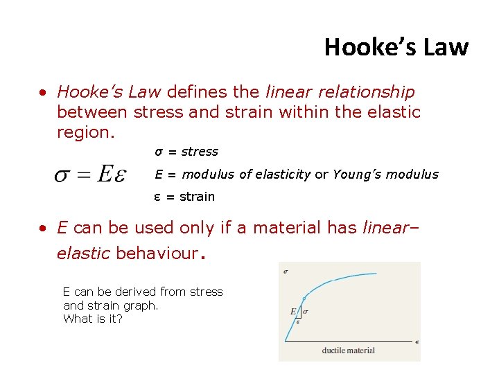 Hooke’s Law • Hooke’s Law defines the linear relationship between stress and strain within