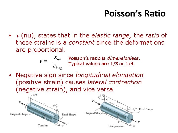 Poisson’s Ratio • n (nu), states that in the elastic range, the ratio of