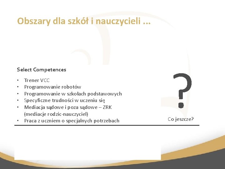 Obszary dla szkół i nauczycieli. . . Select Competences Trener VCC Programowanie robotów Programowanie