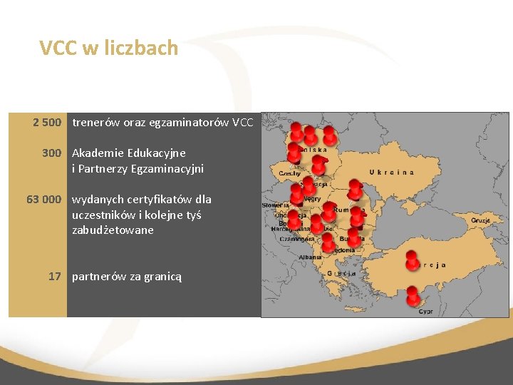 VCC w liczbach 2 500 trenerów oraz egzaminatorów VCC 300 Akademie Edukacyjne i Partnerzy