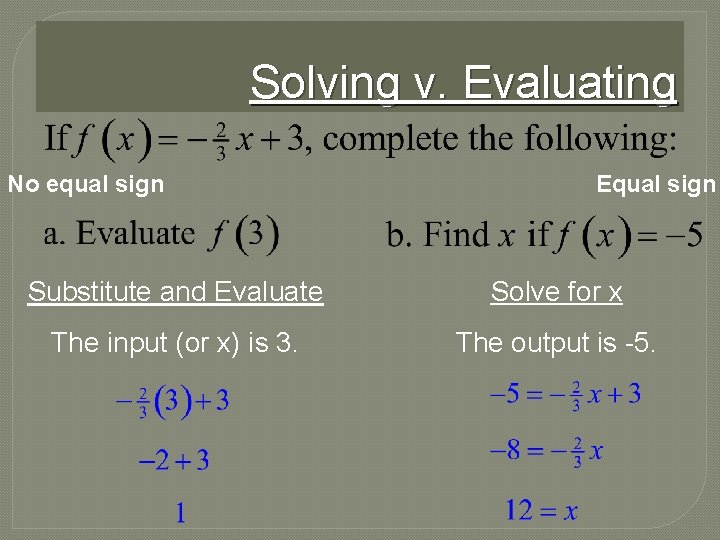Solving v. Evaluating No equal sign Equal sign Substitute and Evaluate Solve for x