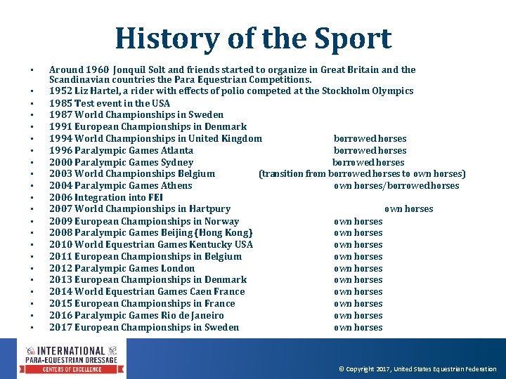 History of the Sport • • • • • • Around 1960 Jonquil Solt