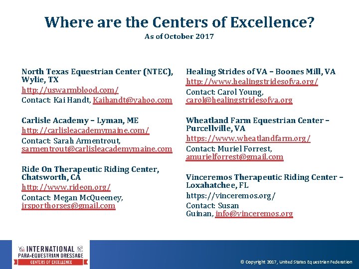 Where are the Centers of Excellence? As of October 2017 North Texas Equestrian Center