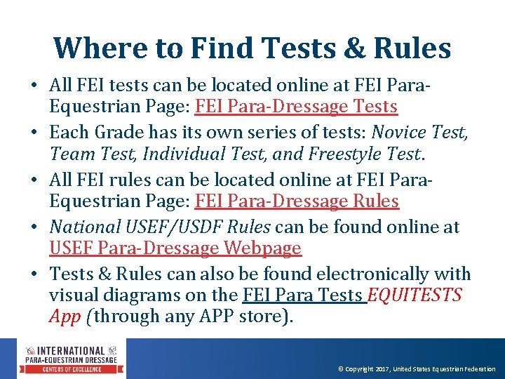 Where to Find Tests & Rules • All FEI tests can be located online