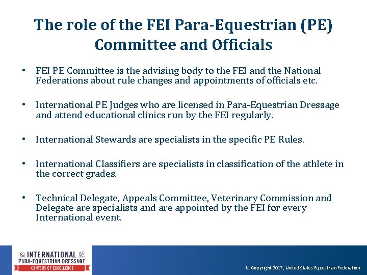 The role of the FEI Para-Equestrian (PE) Committee and Officials • FEI PE Committee