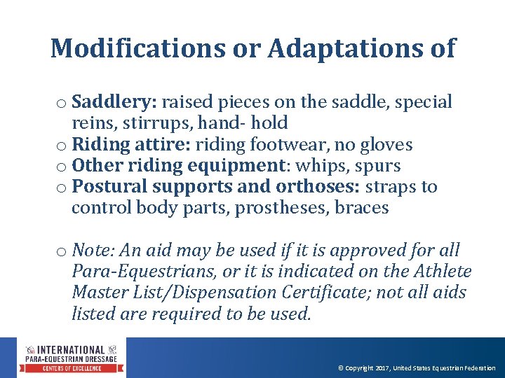 Modifications or Adaptations of o Saddlery: raised pieces on the saddle, special reins, stirrups,