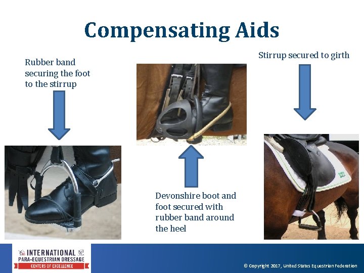 Compensating Aids Stirrup secured to girth Rubber band securing the foot to the stirrup