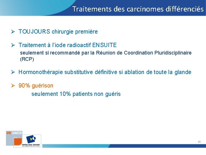 Traitements des carcinomes différenciés Ø TOUJOURS chirurgie première Ø Traitement à l’iode radioactif ENSUITE Traitements des carcinomes différenciés Ø TOUJOURS chirurgie première Ø Traitement à l’iode radioactif ENSUITE