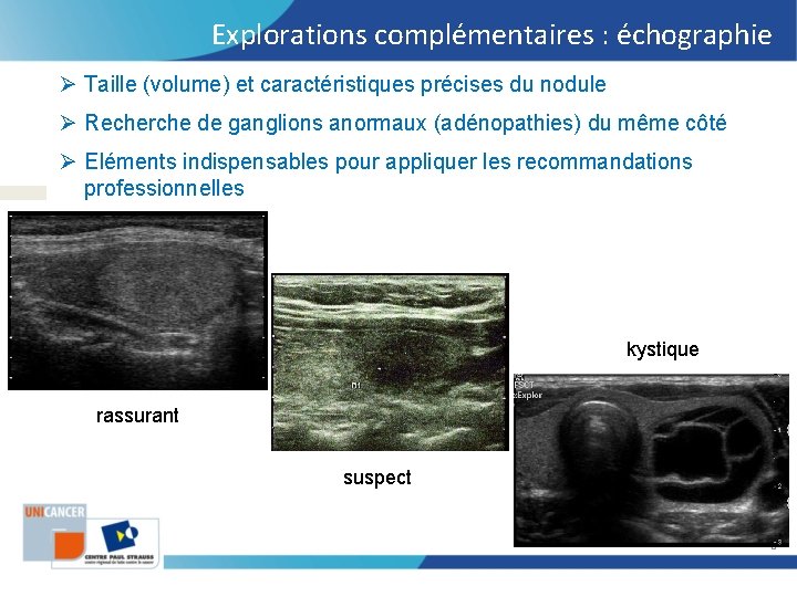 Explorations complémentaires : échographie Ø Taille (volume) et caractéristiques précises du nodule Ø Recherche