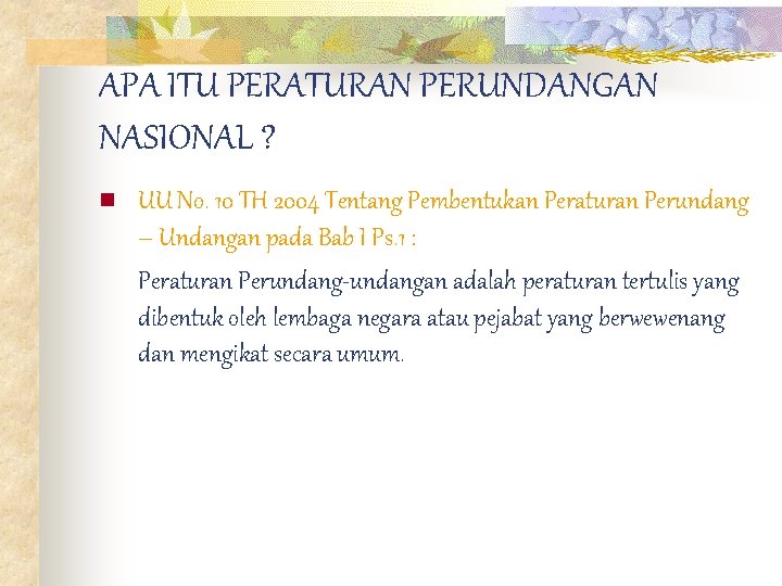 APA ITU PERATURAN PERUNDANGAN NASIONAL ? n UU No. 10 TH 2004 Tentang Pembentukan