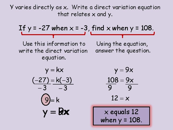 Y varies directly as x. Write a direct variation equation that relates x and