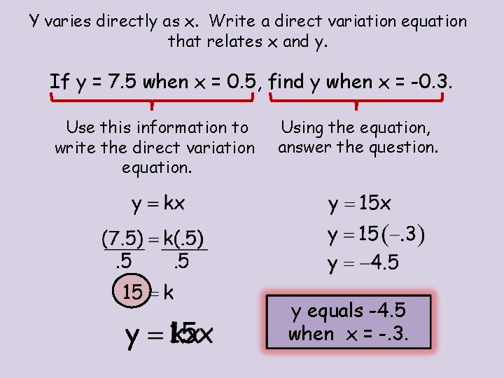 Y varies directly as x. Write a direct variation equation that relates x and