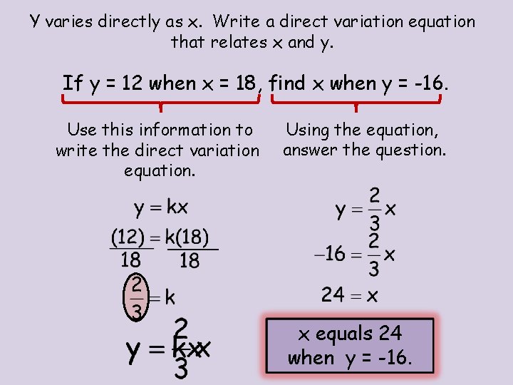 Y varies directly as x. Write a direct variation equation that relates x and