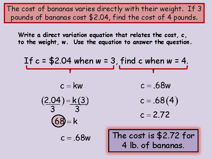 The cost of bananas varies directly with their weight. If 3 pounds of bananas