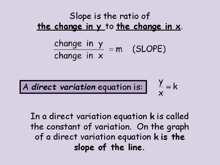 Slope is the ratio of the change in y to the change in x.