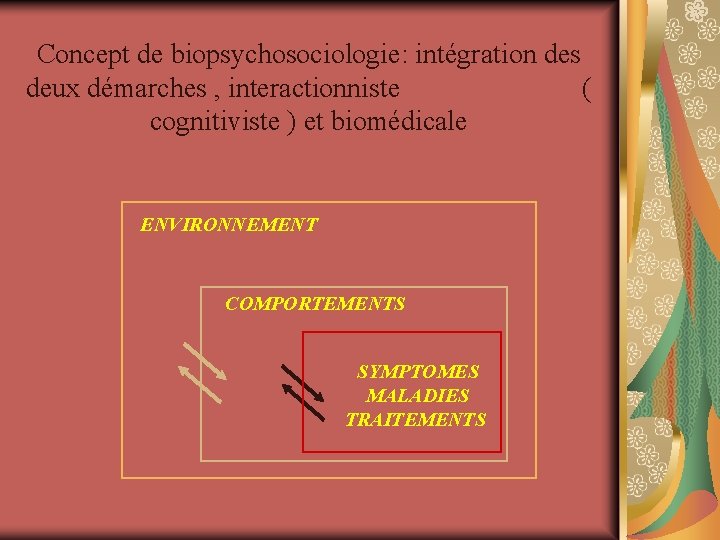 Concept de biopsychosociologie: intégration des deux démarches , interactionniste ( cognitiviste ) et biomédicale