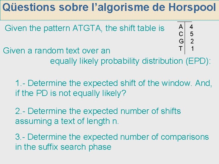 Qüestions sobre l’algorisme de Horspool Given the pattern ATGTA, the shift table is A Qüestions sobre l’algorisme de Horspool Given the pattern ATGTA, the shift table is A