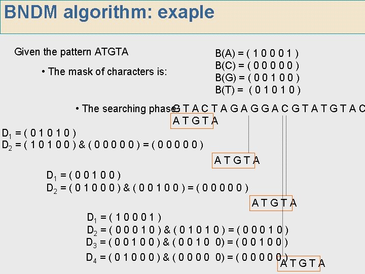 BNDM algorithm: exaple Given the pattern ATGTA • The mask of characters is: B(A) BNDM algorithm: exaple Given the pattern ATGTA • The mask of characters is: B(A)