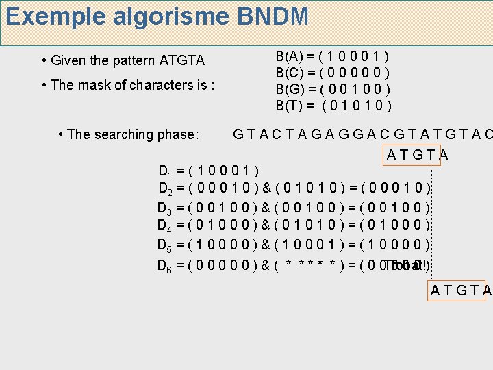Exemple algorisme BNDM • Given the pattern ATGTA • The mask of characters is Exemple algorisme BNDM • Given the pattern ATGTA • The mask of characters is