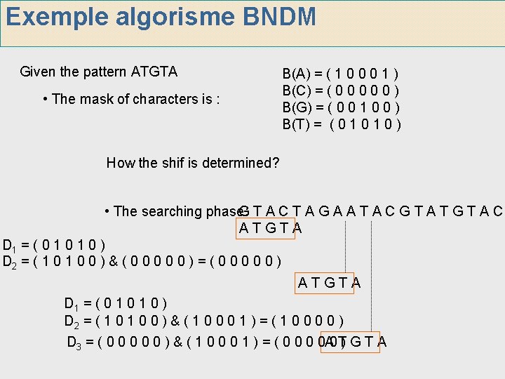 Exemple algorisme BNDM Given the pattern ATGTA • The mask of characters is : Exemple algorisme BNDM Given the pattern ATGTA • The mask of characters is :