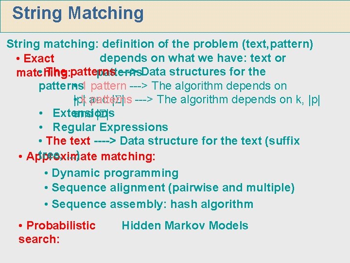 String Matching String matching: definition of the problem (text, pattern) depends on what we String Matching String matching: definition of the problem (text, pattern) depends on what we