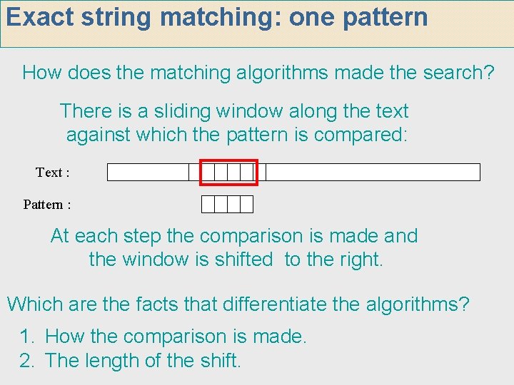 Exact string matching: one pattern How does the matching algorithms made the search? There Exact string matching: one pattern How does the matching algorithms made the search? There
