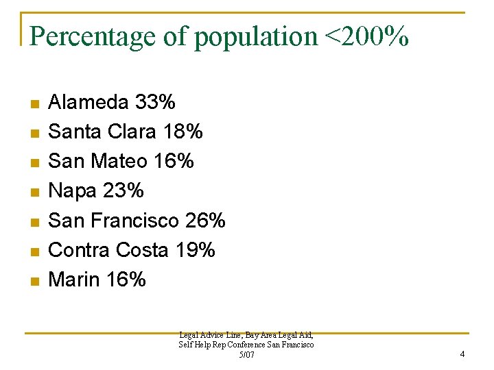 Percentage of population <200% n n n n Alameda 33% Santa Clara 18% San Percentage of population <200% n n n n Alameda 33% Santa Clara 18% San