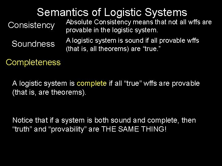 Semantics of Logistic Systems Consistency Soundness Absolute Consistency means that not all wffs are