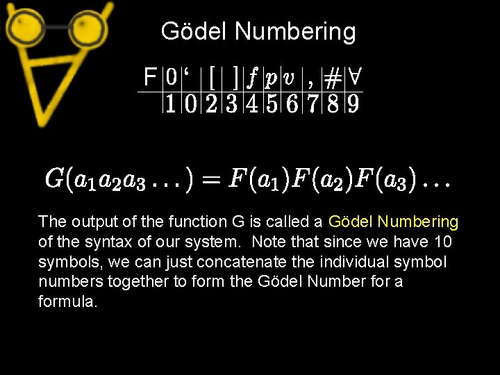 Gödel Numbering F The output of the function G is called a Gödel Numbering