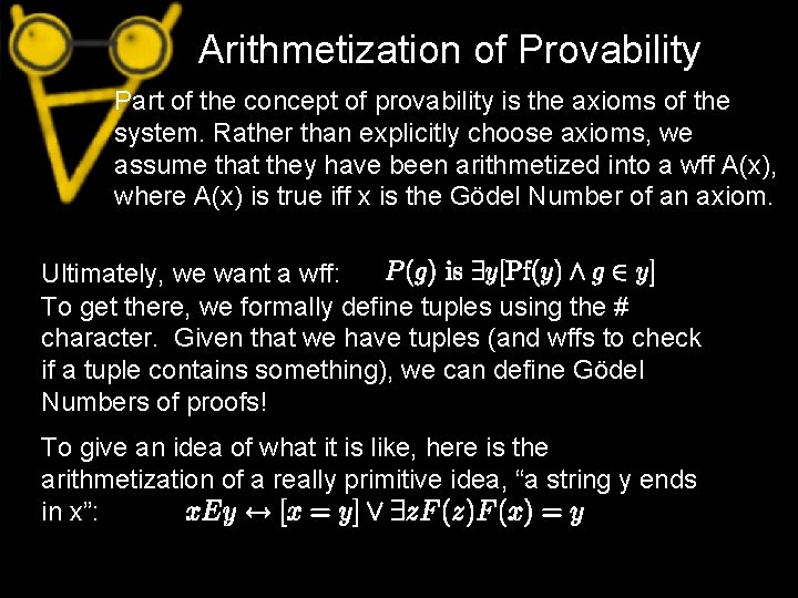 Arithmetization of Provability Part of the concept of provability is the axioms of the