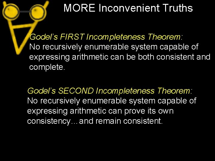MORE Inconvenient Truths Godel’s FIRST Incompleteness Theorem: No recursively enumerable system capable of expressing