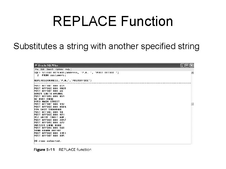 REPLACE Function Substitutes a string with another specified string 