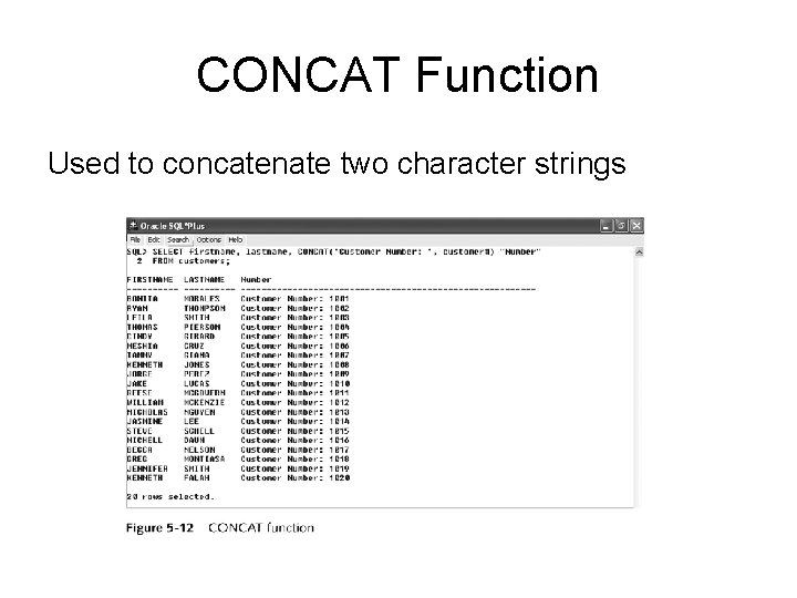 CONCAT Function Used to concatenate two character strings 