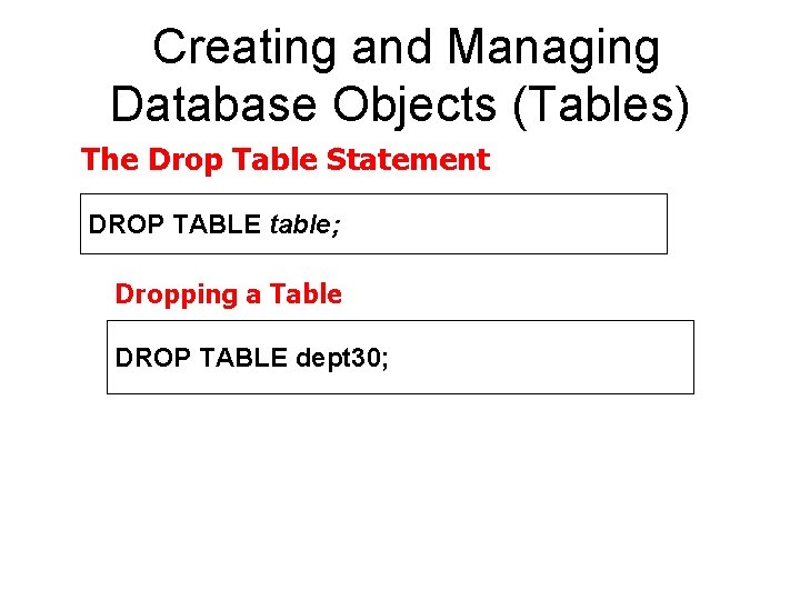 Creating and Managing Database Objects (Tables) The Drop Table Statement DROP TABLE table; Dropping