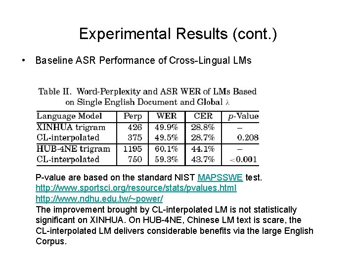 Experimental Results (cont. ) • Baseline ASR Performance of Cross-Lingual LMs P-value are based
