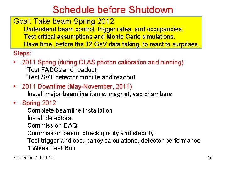 Schedule before Shutdown Goal: Take beam Spring 2012 Understand beam control, trigger rates, and